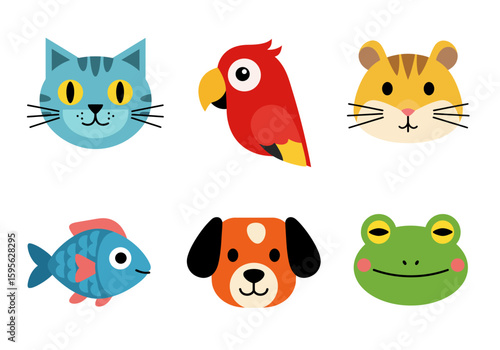 A charming collection of six adorable cartoon animal faces including a playful cat a vibrant parrot a friendly hamster a cheerful fish a lovable dog and a happy frog perfect for educational materials 