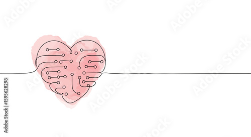 Biohacking heart with circuit lines – symbolizing heart health and technology integration, abstract one line doodle watercolor vector illustration


