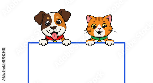 Adorable Cartoon Dog and Cat Holding a Blank Sign for Your Custom Message and Sweet Pet Companionship Fun