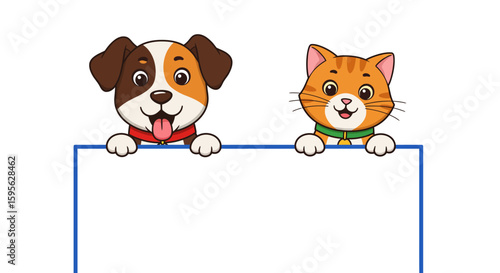 Adorable cartoon dog and cat holding a blank sign ready for your custom text or images