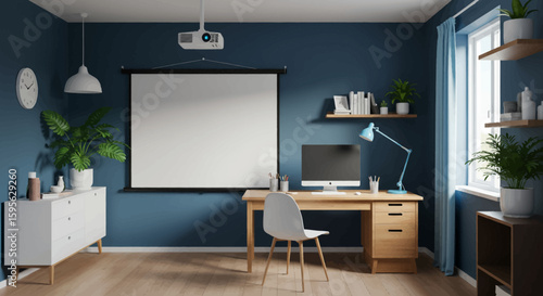 Modern Home Office Design with Blue Walls Projector Screen and a Well-Equipped Desk Setup for Productivity and Comfort