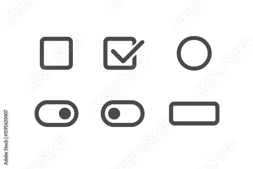 Dark minimalist icons of form controls like checkboxes, radio buttons and toggles. Ideal for UI and web forms.