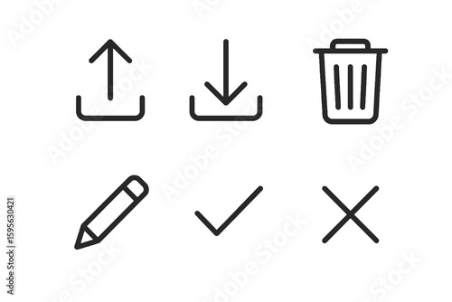 Minimal system UI icons in dark style. Includes upload, download, delete, and confirm icons for app interfaces.