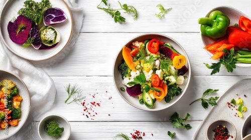 白い木製テーブルに広がる、色とりどりの新鮮な野菜と食材の俯瞰図 | Overhead view of colorful fresh vegetables and ingredients spread on a white wooden table