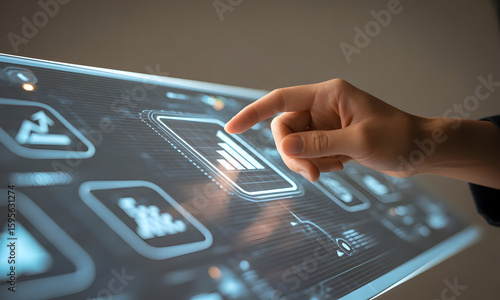 Hand interacting with futuristic touchscreen interface