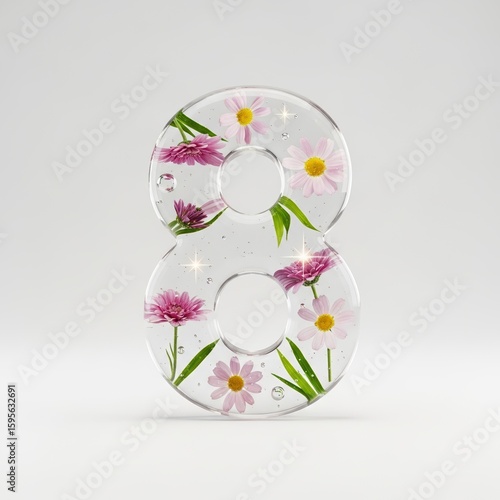 Transparent number 8 with pressed flowers in clear resin display  