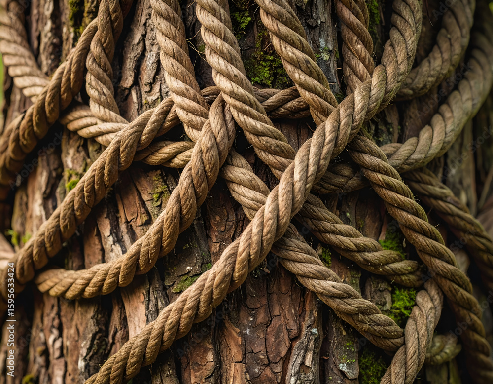 Fototapeta premium Thick Brown Rope Wrapped Around Tree Trunk Close Up