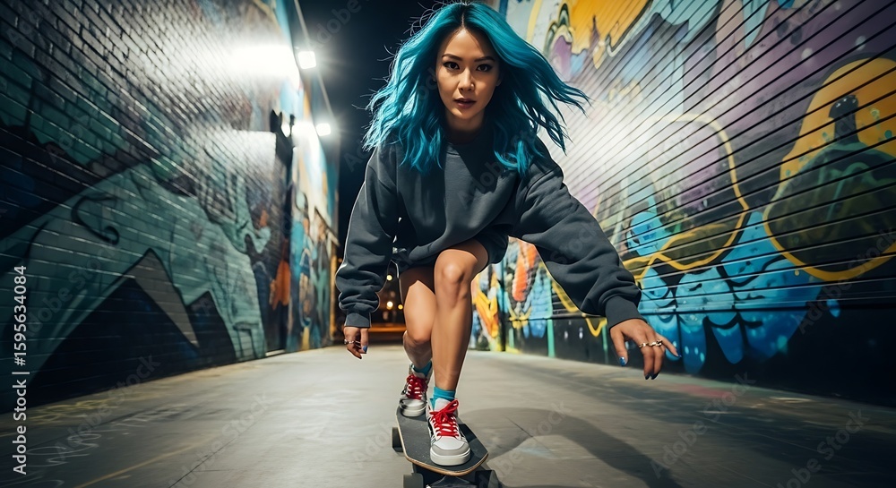 A stylish young woman skateboarding in an urban setting with graffiti art. A stylish young woman skateboarding in an urban setting with graffiti art.
