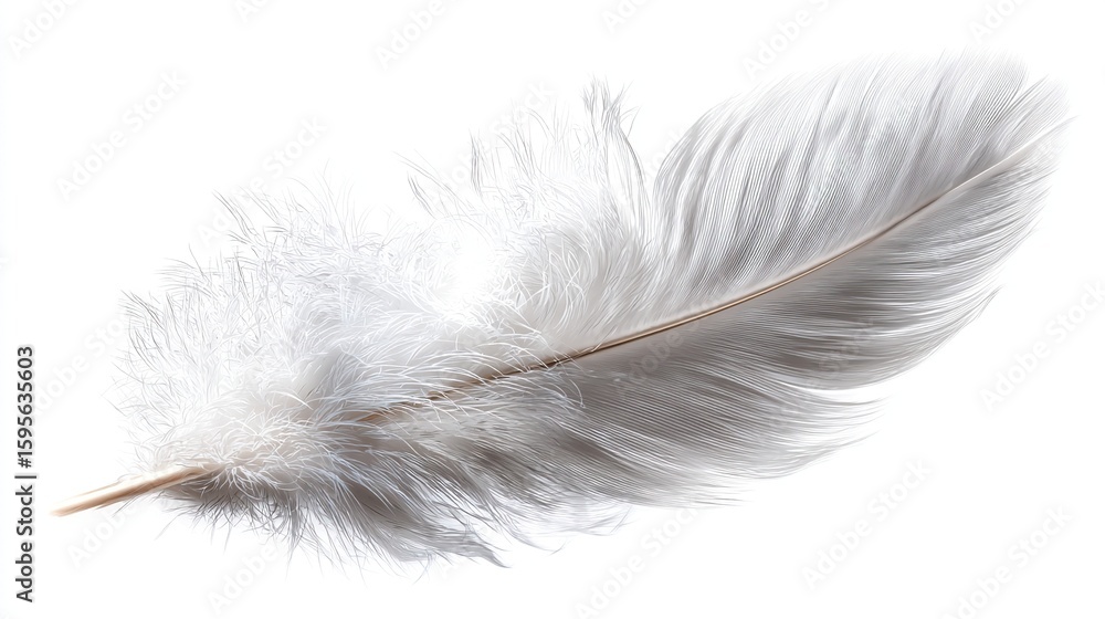 Obraz premium Single white feather with delicate barbs and rachis isolated on a white background.