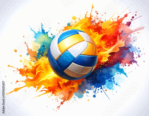 Vibrant volleyball engulfed in a colorful explosion of paint splatters.
