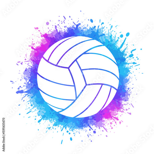 A vibrant volleyball graphic, encircled by colorful paint splatters.