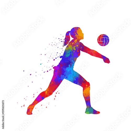 Colorful watercolor silhouette of a female volleyball player mid-action, serving the ball.