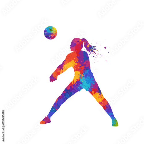 Watercolor silhouette of a female volleyball player bumping a ball, depicted in vibrant shades of blue, purple, orange, yellow, and red with splatters.