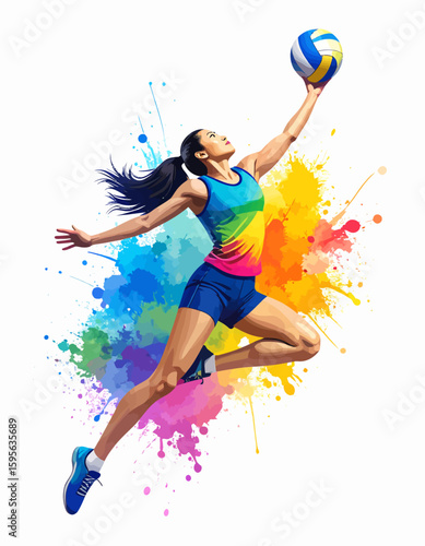 Dynamic female volleyball player leaping, colorful splash background.