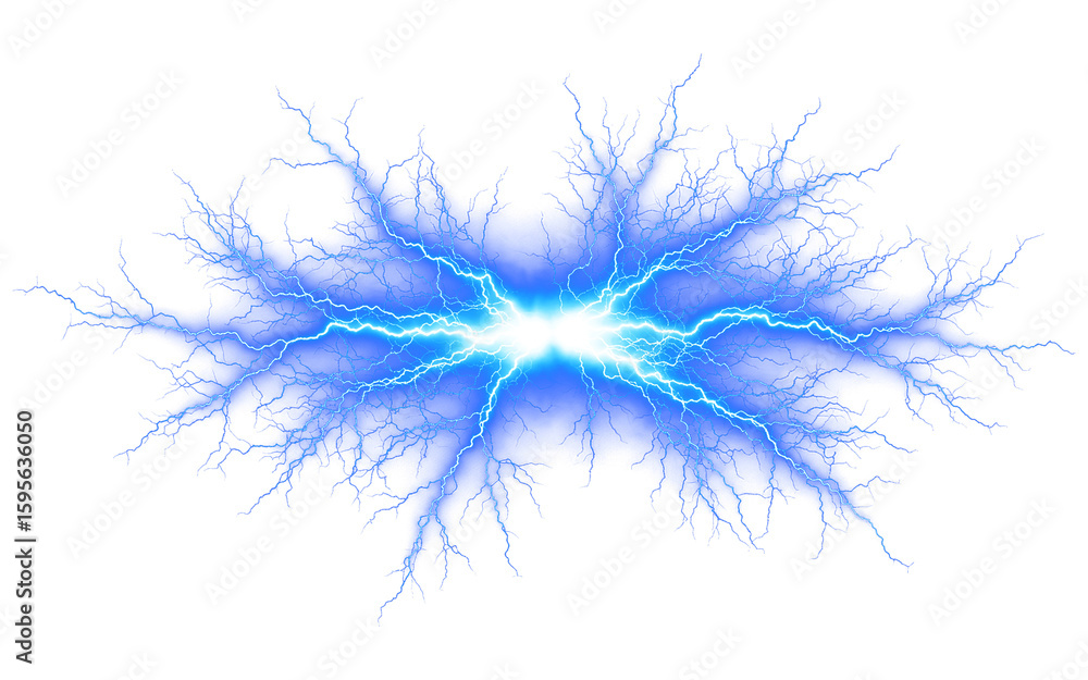 Obraz premium Abstract Blue Electric Energy Explosion With Bright Center And Many Small Particles Isolated on a transparent background