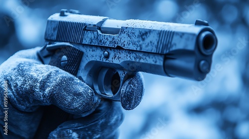 Hand holding a frosty handgun.