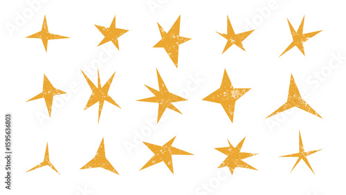 Gold grunge distressed star and sparkle shapes set. Textured hand drawn elements
