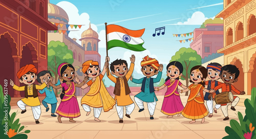 Children in traditional Indian clothing celebrate with the Indian flag in a festive, colorful setting.