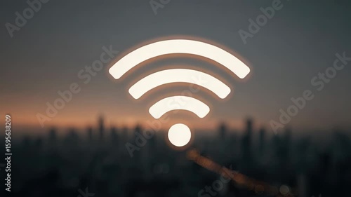 Glowing wireless internet symbol over blurred cityscape at dusk
