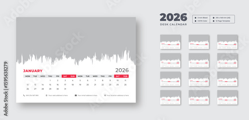 2026 desk calendar template | Monthly business planner with corporate style | Editable printable table calendar for New Year 2026 | 12-month layout included