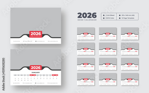 2026 desk calendar template | Monthly business planner with corporate style | Editable printable table calendar for New Year 2026 | 12-month layout included