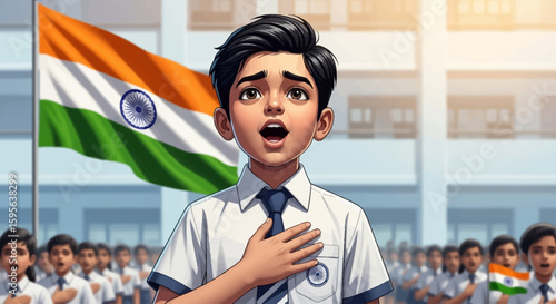 A young boy reciting the pledge with the Indian flag waving proudly behind him.