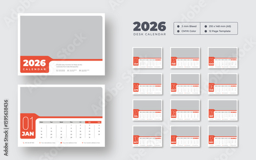 2026 desk calendar design template | Week starts on Monday | 12-month planner for work or study | Printable, editable vector layout for office use