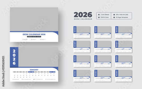 Editable desk calendar 2026 | 12-month table planner layout | print-ready vector template for office and personal organization use