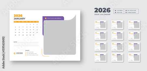 Editable desk calendar 2026 | 12-month table planner layout | print-ready vector template for office and personal organization use
