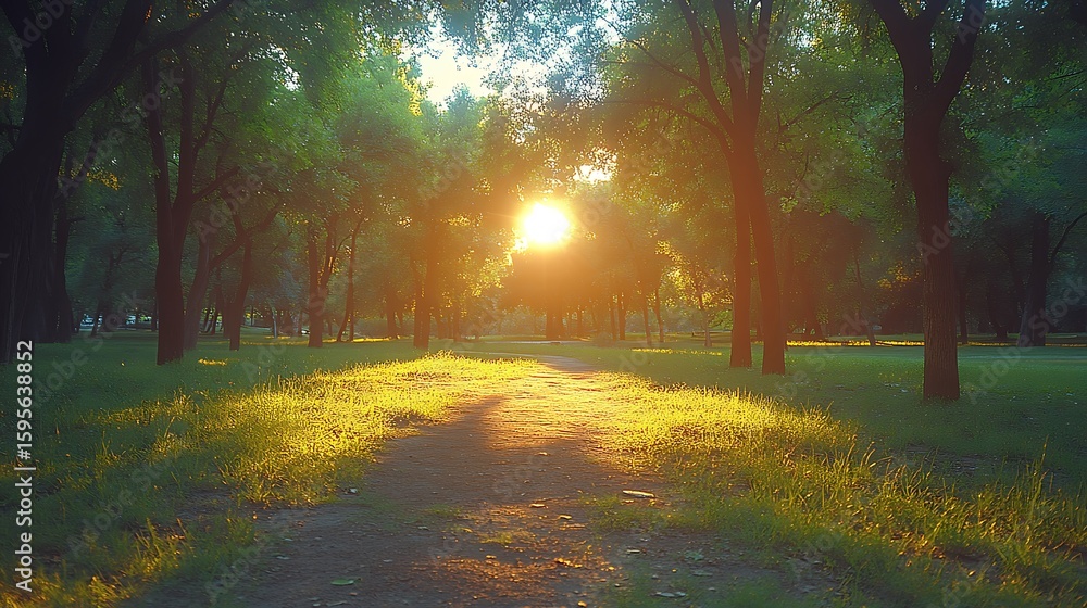 Obraz premium Sunlit path through a park at sunset.