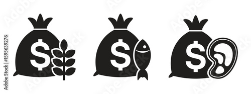 Money bags with commodities icons set. Agriculture, fish, and meat trading business symbols