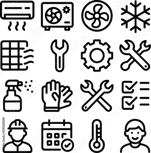 Outline Handdrawn Air Conditioning and Repair Service Tools Icon Set
