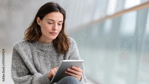 Casual woman engaging with digital tablet technology cozy modern
