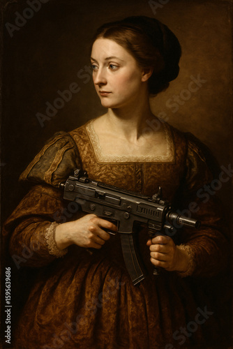 Wallpaper Mural Renaissance painting woman portrait holding modern gun Torontodigital.ca