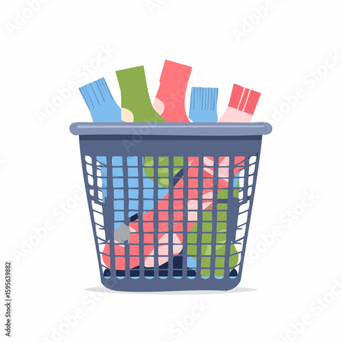 Laundry basket with socks – Mesh hamper filled with colorful socks.
