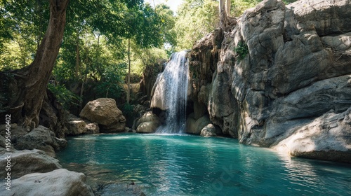 Lush waterfall cascading into a tranquil pool.