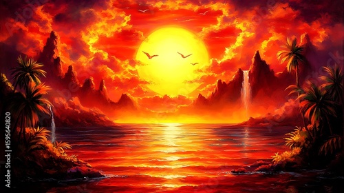 Fiery sunset over a tropical island paradise.