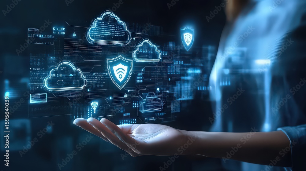 Fototapeta premium Hand holding glowing cloud computing and security icons with digital interface elements around it