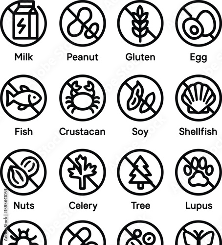 Outline Minimalist Allergen Free Sign Set Symbol Icon Food Label