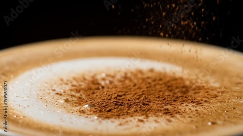 Closeup of cinnamon sprinkling on a foamy cappuccino in a dark setting