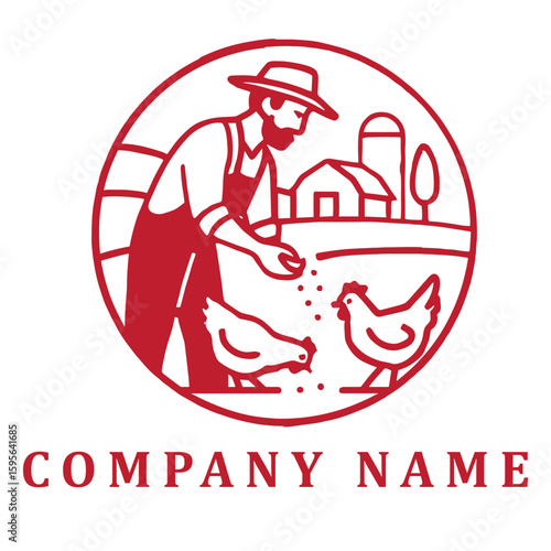 Minimalist black and white emblem of a farmer feeding chickens, surrounded by clean farm elements in a circular frame—simple, timeless, and rustic.