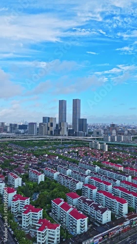 4K real time aerial view of Shanghai Zhangjiang Hi Tech Development Zone, with beautiful residential buildings in the suburbs.