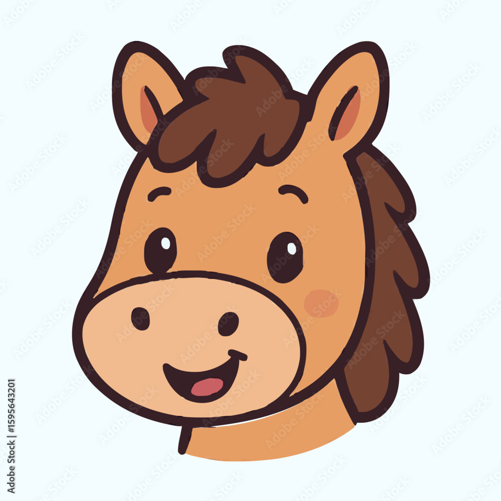 Fototapeta premium A cheerful cartoon horse head with brown mane and a happy expression.