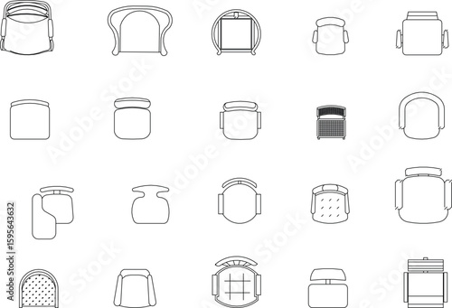 grid of various vector diagrams of single chairs and stools, presented in a top-down, minimalist line art style