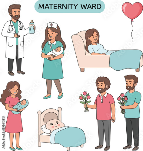 Maternity ward scenes depicting medical staff, expectant mothers, and newborns.