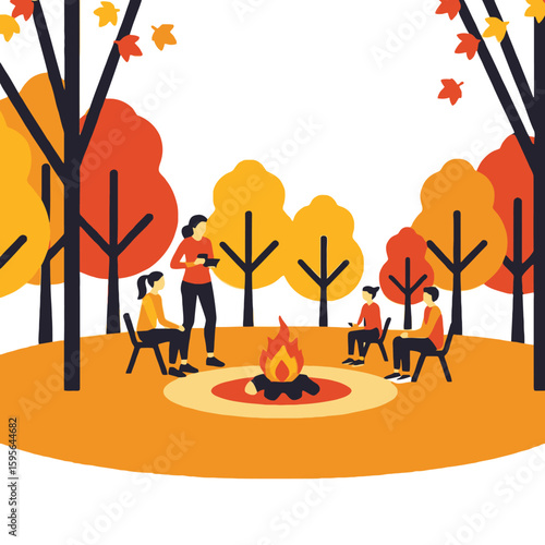 Autumn Campfire Gathering Illustration - Friends Enjoying Fall Season Bonfire - Cozy Outdoor Scene with Trees and Warm Firelight - Perfect for Seasonal Designs