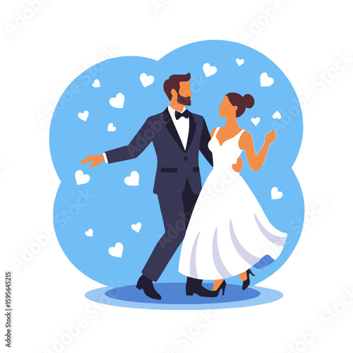 Wedding Bliss-Elegant Bride and Groom's First Dance-Celebrating Love-Romantic Wedding Illustration-Couple Dancing at Wedding Reception-Stylish Wedding Attire