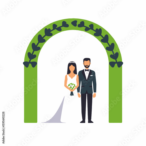 Wedding Illustration of a Bride and Groom Under a Floral Arch-Simple Wedding Graphic-Modern Wedding Ceremony Design-Vector Couple Getting Married