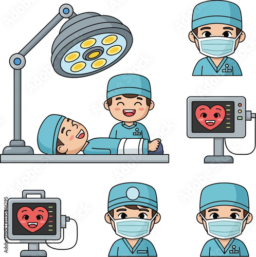 Smiling cartoon surgeons perform a heart operation under a surgical lamp, with heart monitor displaying a healthy heart.