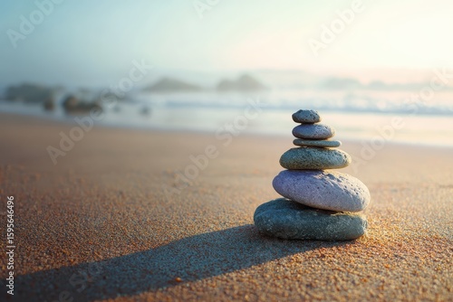Stacked Stones balance on beach with ocean, rocks in background, for zen concept